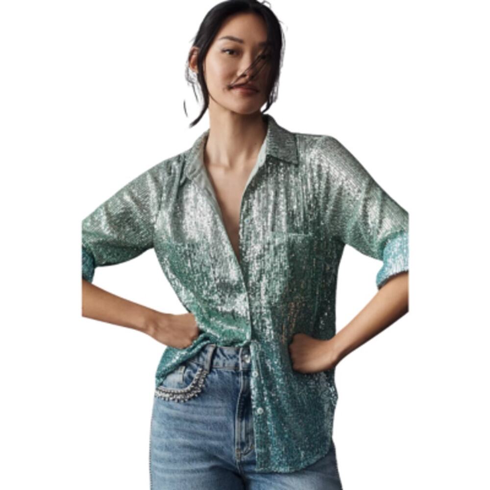 Anthropologie Ombre Sequin Buttondown Shirt Turquoise Blue Green Small NEW
